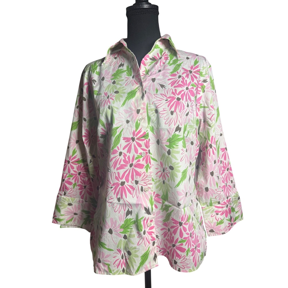 Lands End Womens 14 Pink Green Floral Button Down Shirt 3/4 Sleeve Cotton Top